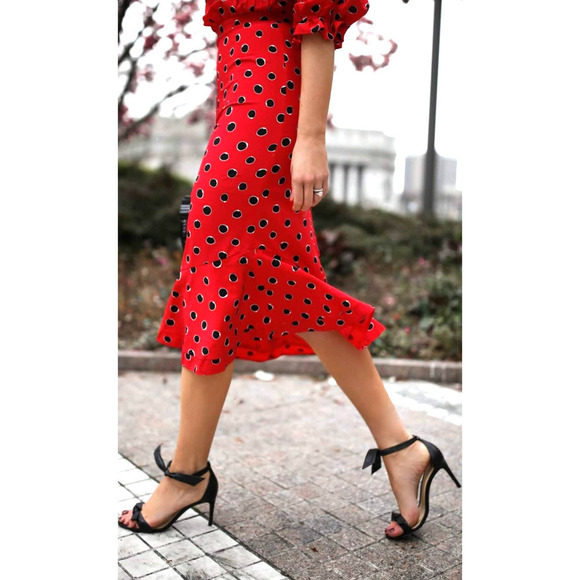 Saloni Midi Dress SILK Red White Black Polka Dot Grace Off Shoulder Ruffle XS 0 - Picture 4 of 12